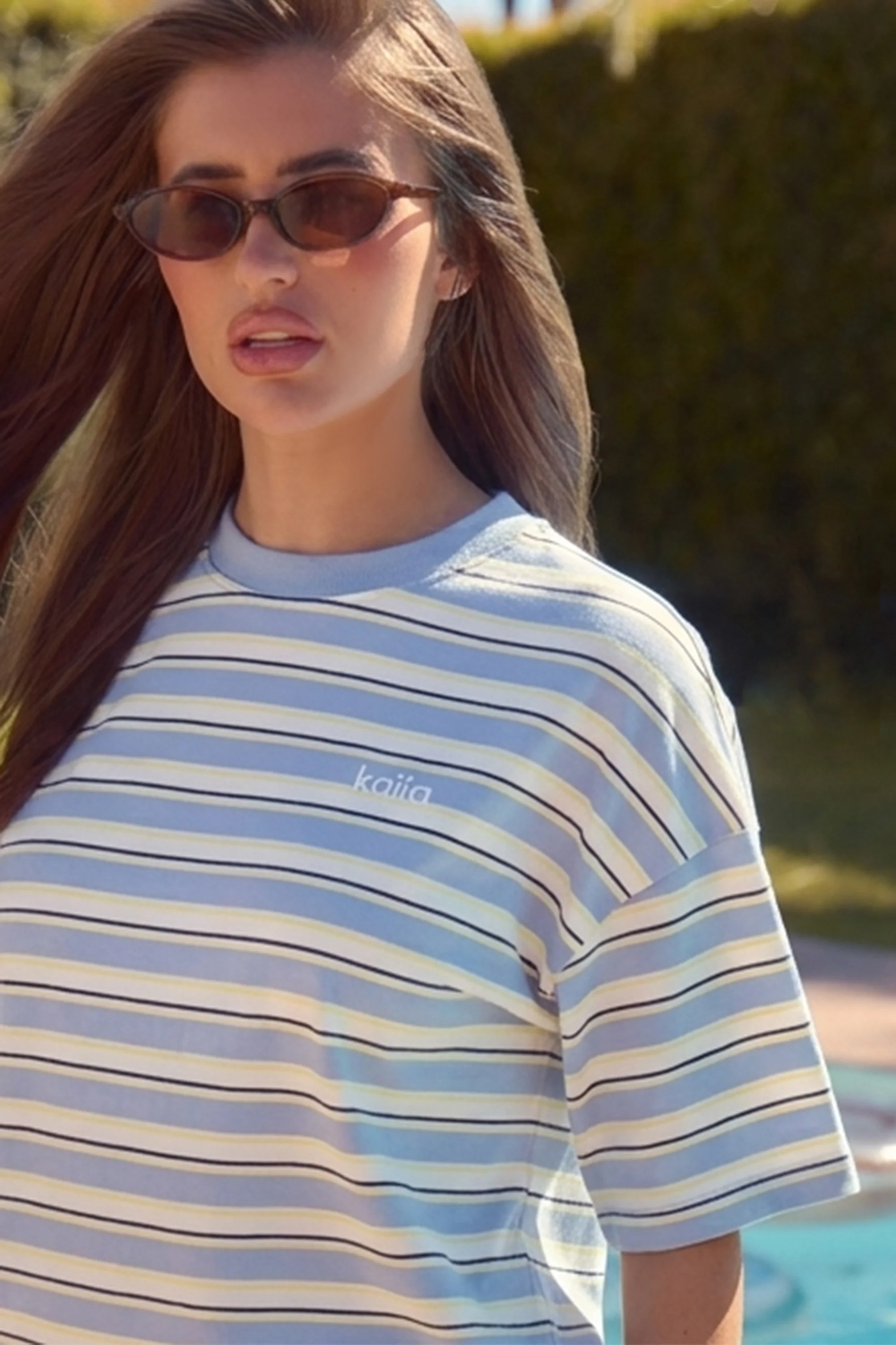 Kaiia Striped Oversized T-shirt Soft Blue & Yellow - Image 2