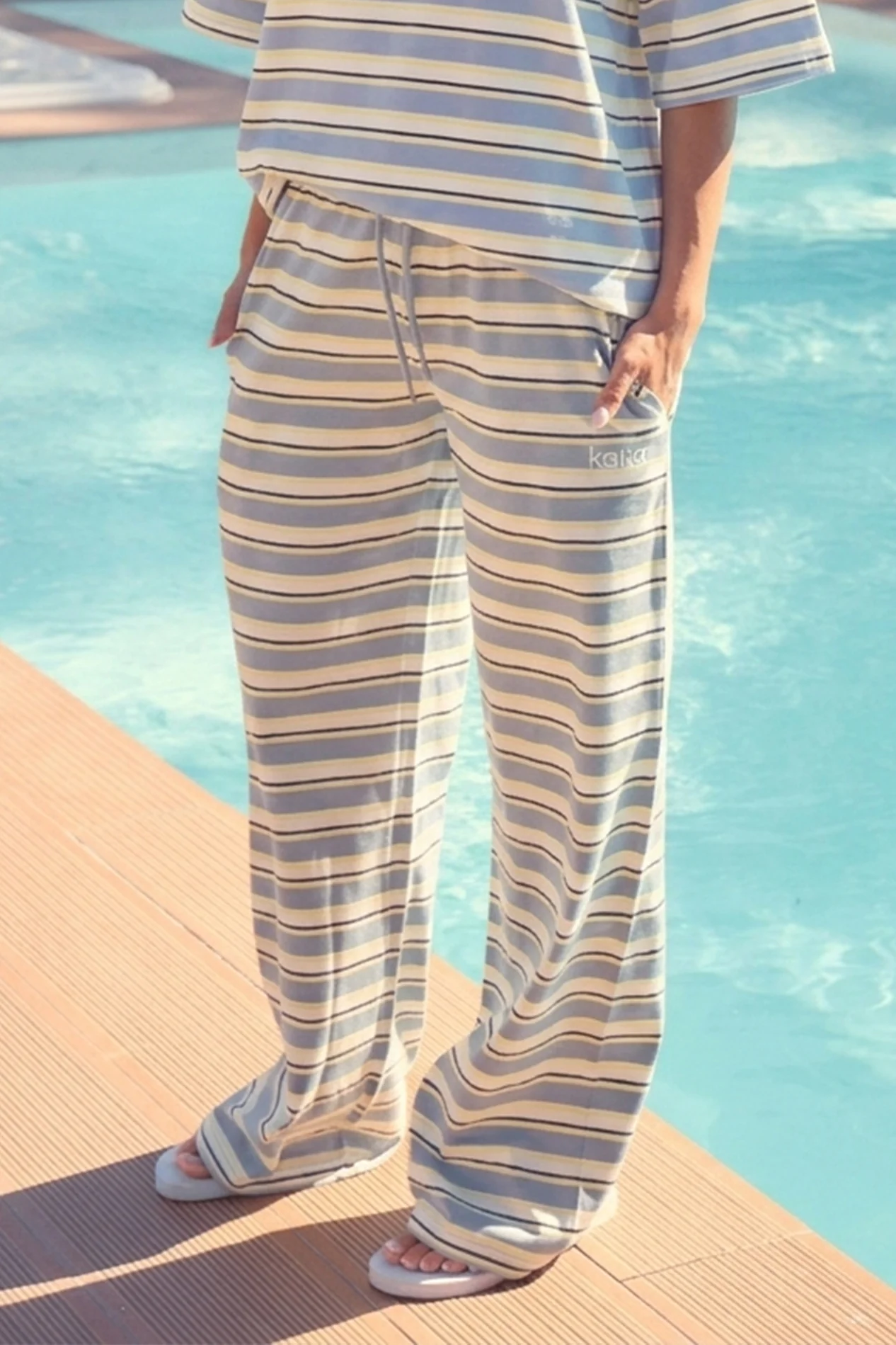 Kaiia Striped Wide Leg Trousers Soft Blue & Yellow - Image 3