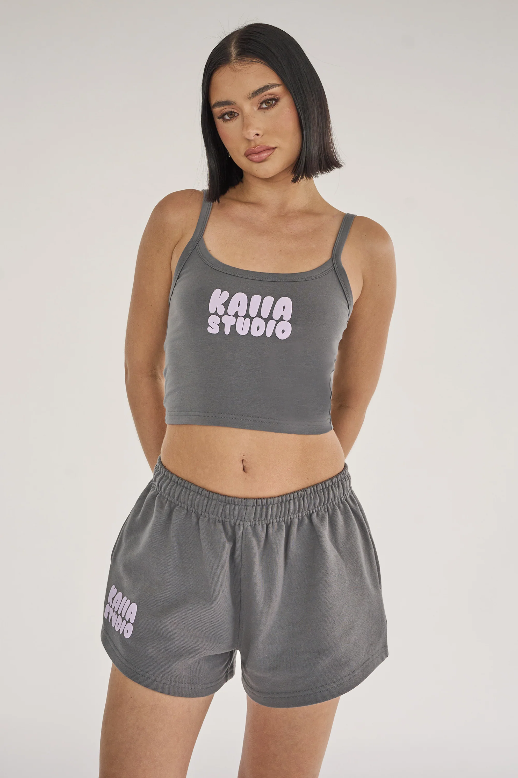 Kaiia Studio Bubble Logo Cami Vest Top Dark Grey & Lilac - Image 5