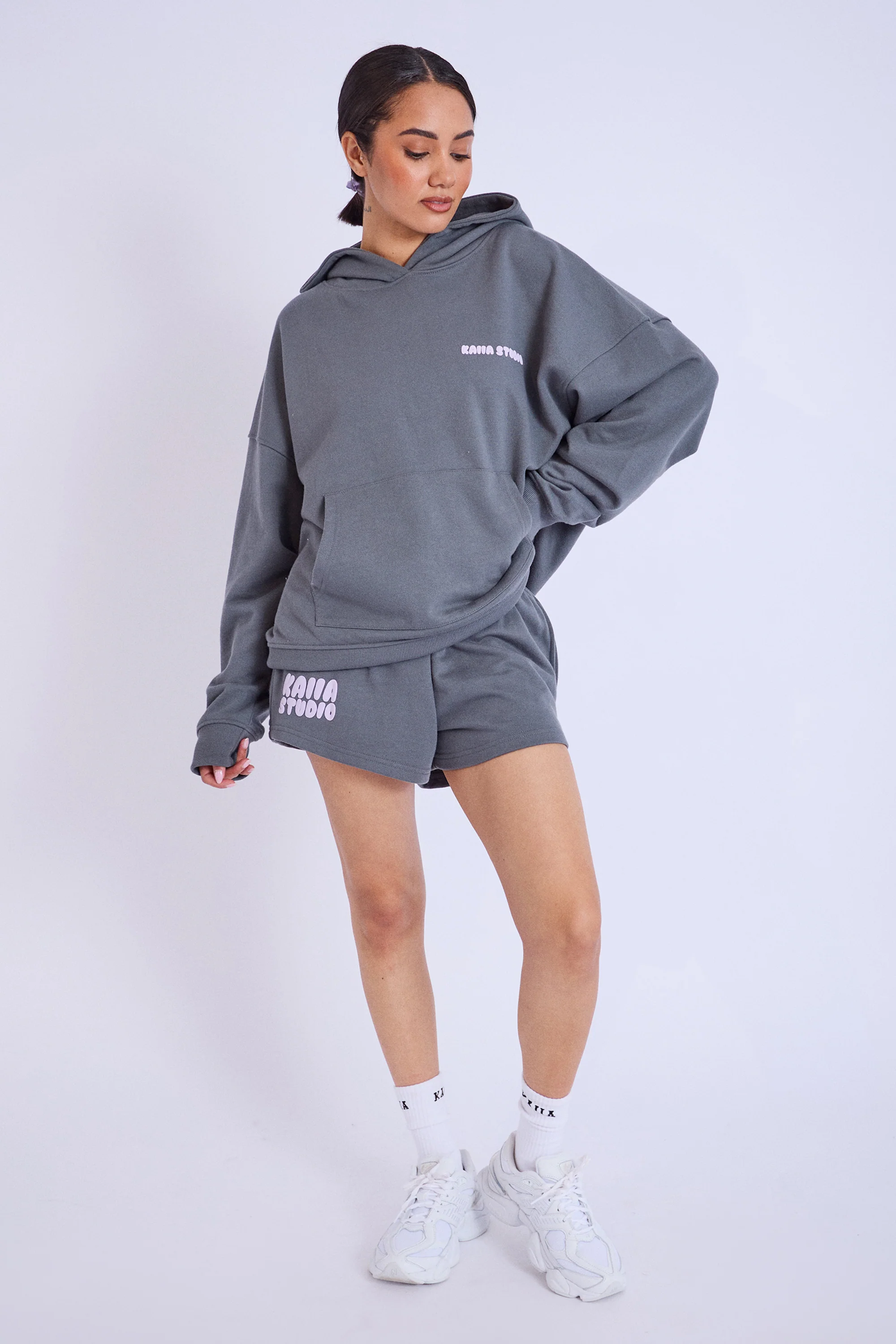 Kaiia Studio Bubble Logo Oversized Hoodie Dark Grey & Lilac - Image 2