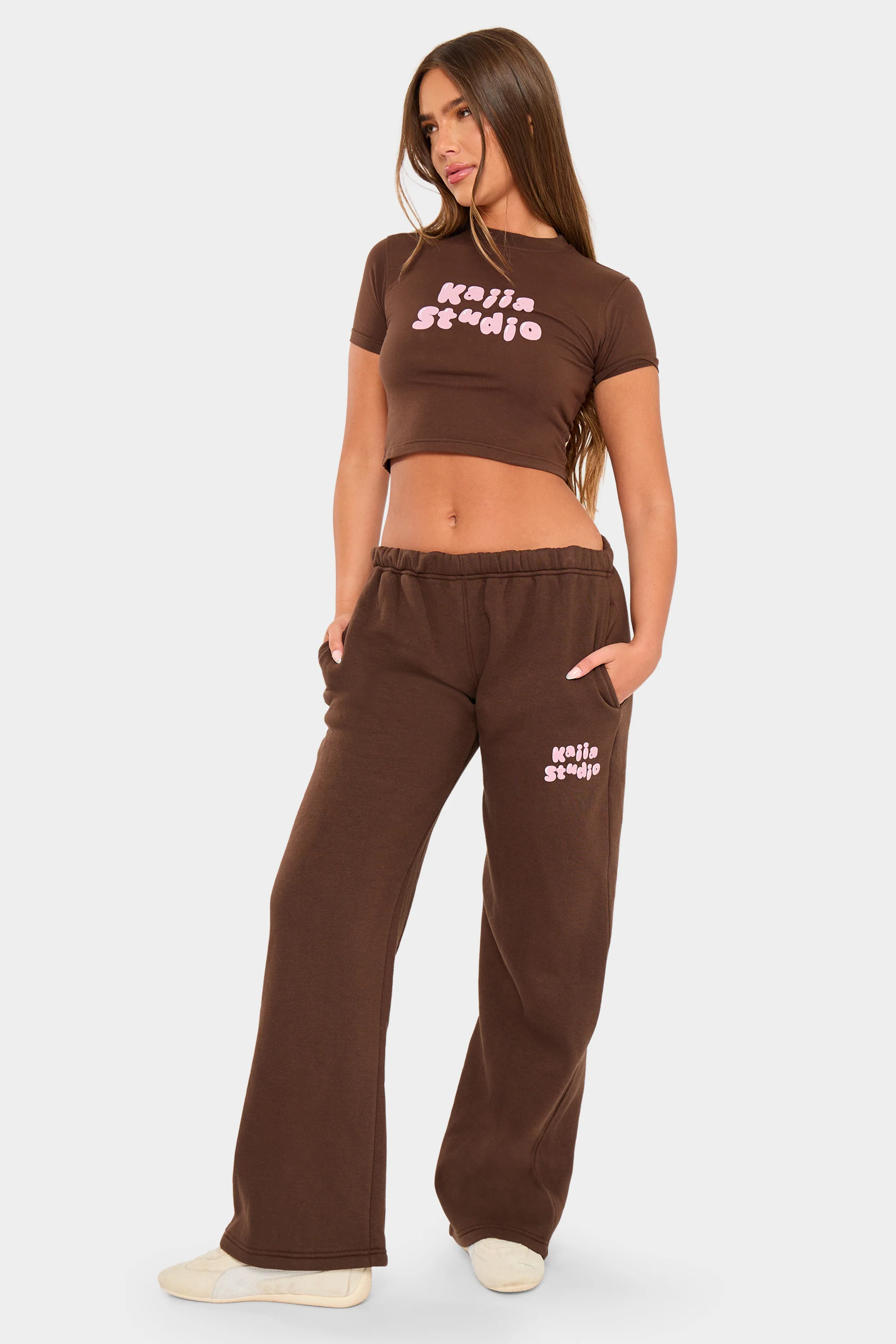 Kaiia Studio Bubble Wide Leg Joggers Chocolate & Pink - Image 5