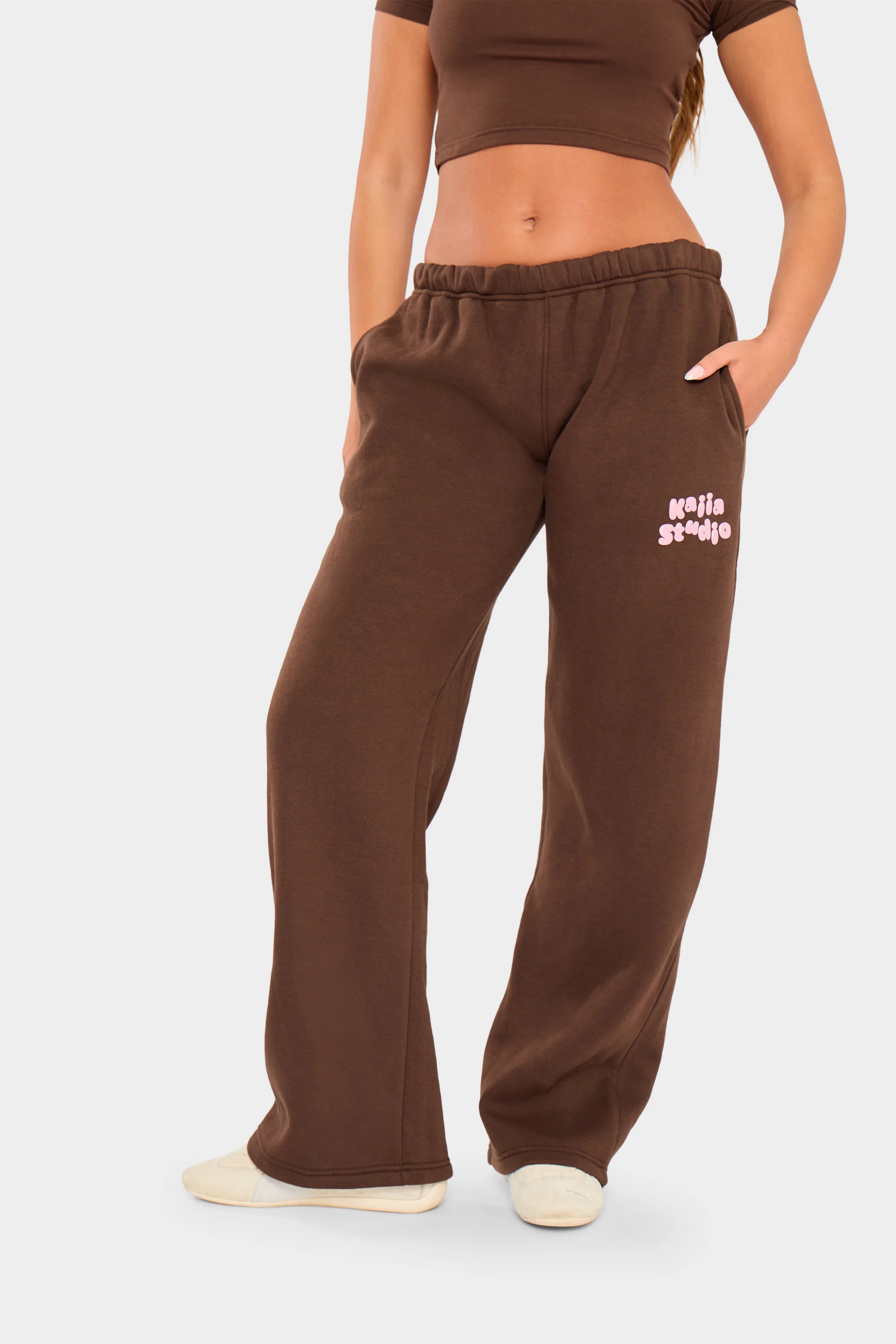 Kaiia Studio Bubble Wide Leg Joggers Chocolate & Pink - Image 7
