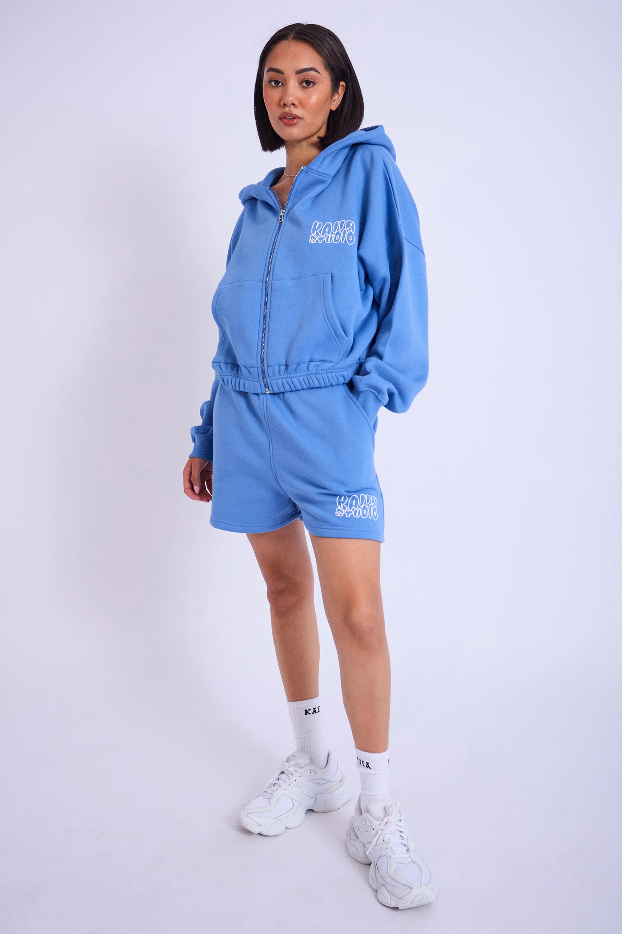 Kaiia Studio Cropped Oversized Zip Up Hoodie Blue - Image 3