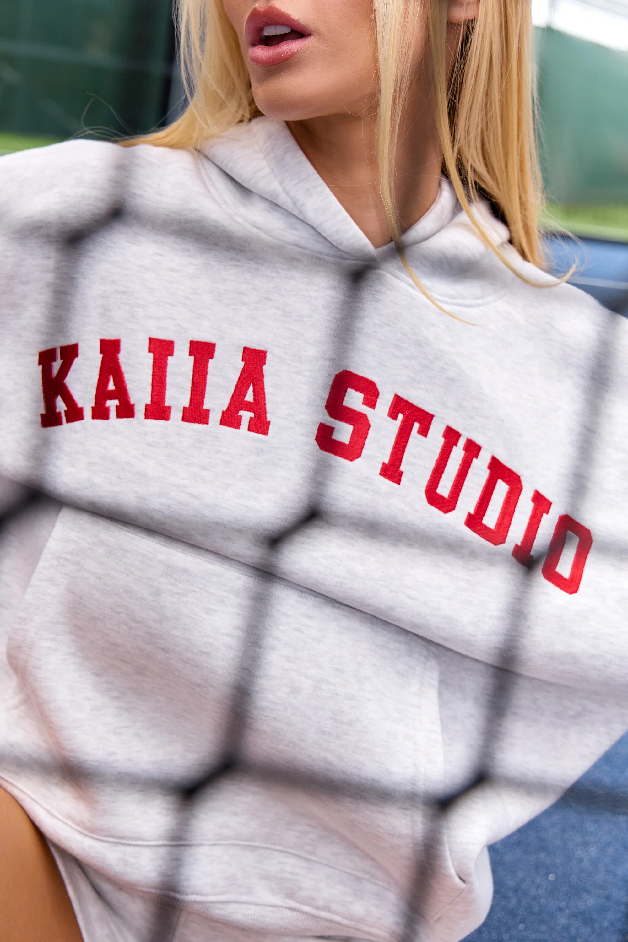 Kaiia Studio Oversized Hoodie Light Grey Marl & Red - Image 4