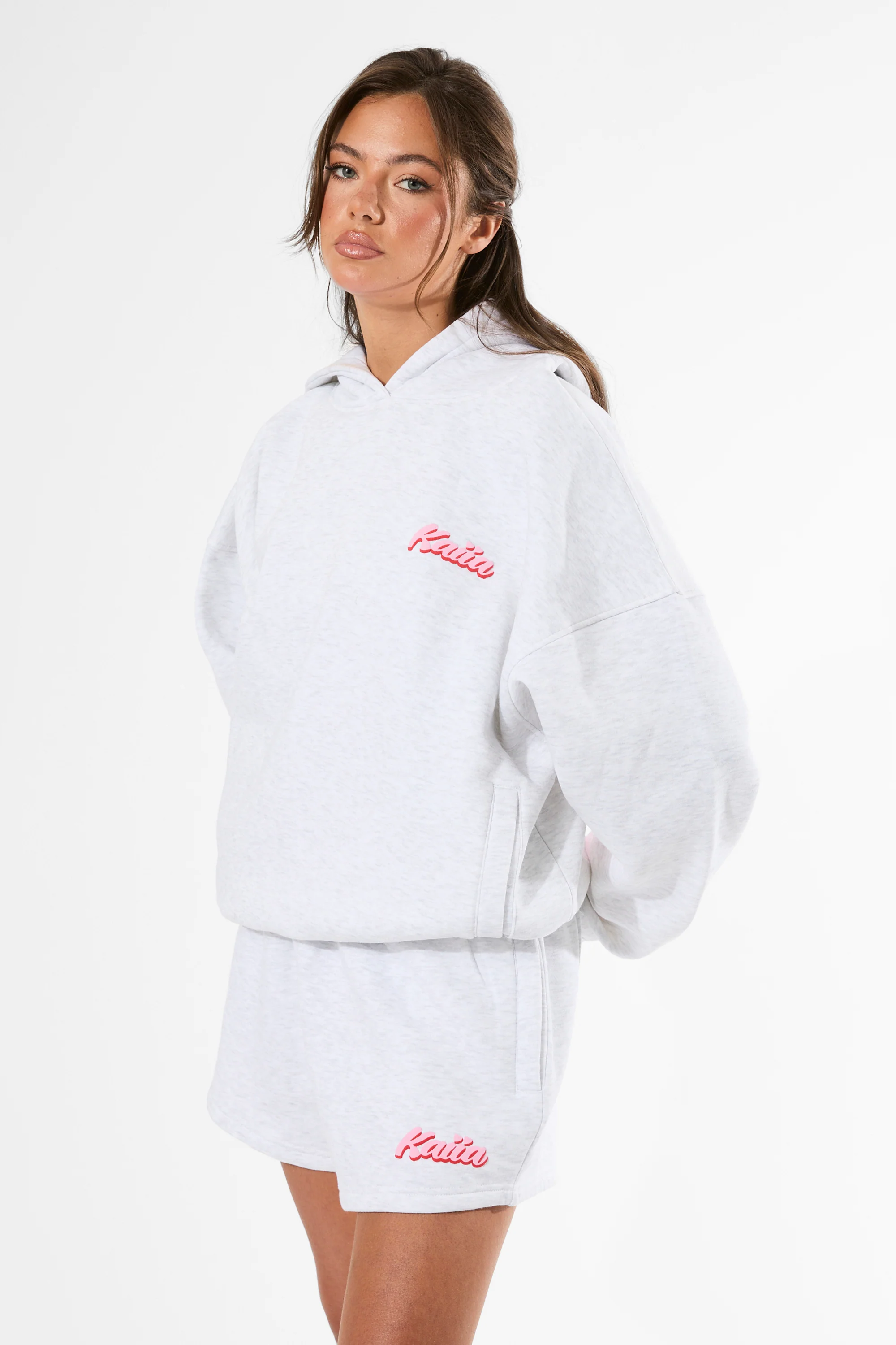 Kaiia the Label Bubble Graphic Oversized Hoodie Light Grey Marl & Baby Pink - Image 10