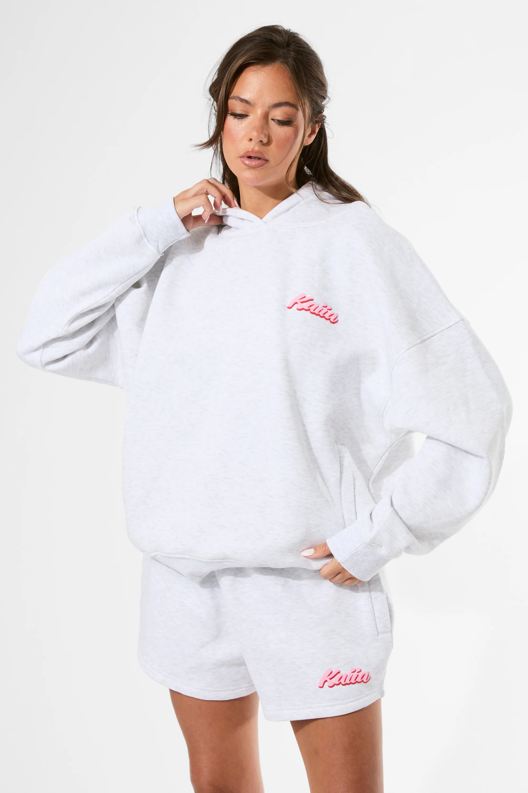 Kaiia the Label Bubble Graphic Oversized Hoodie Light Grey Marl & Baby Pink - Image 7