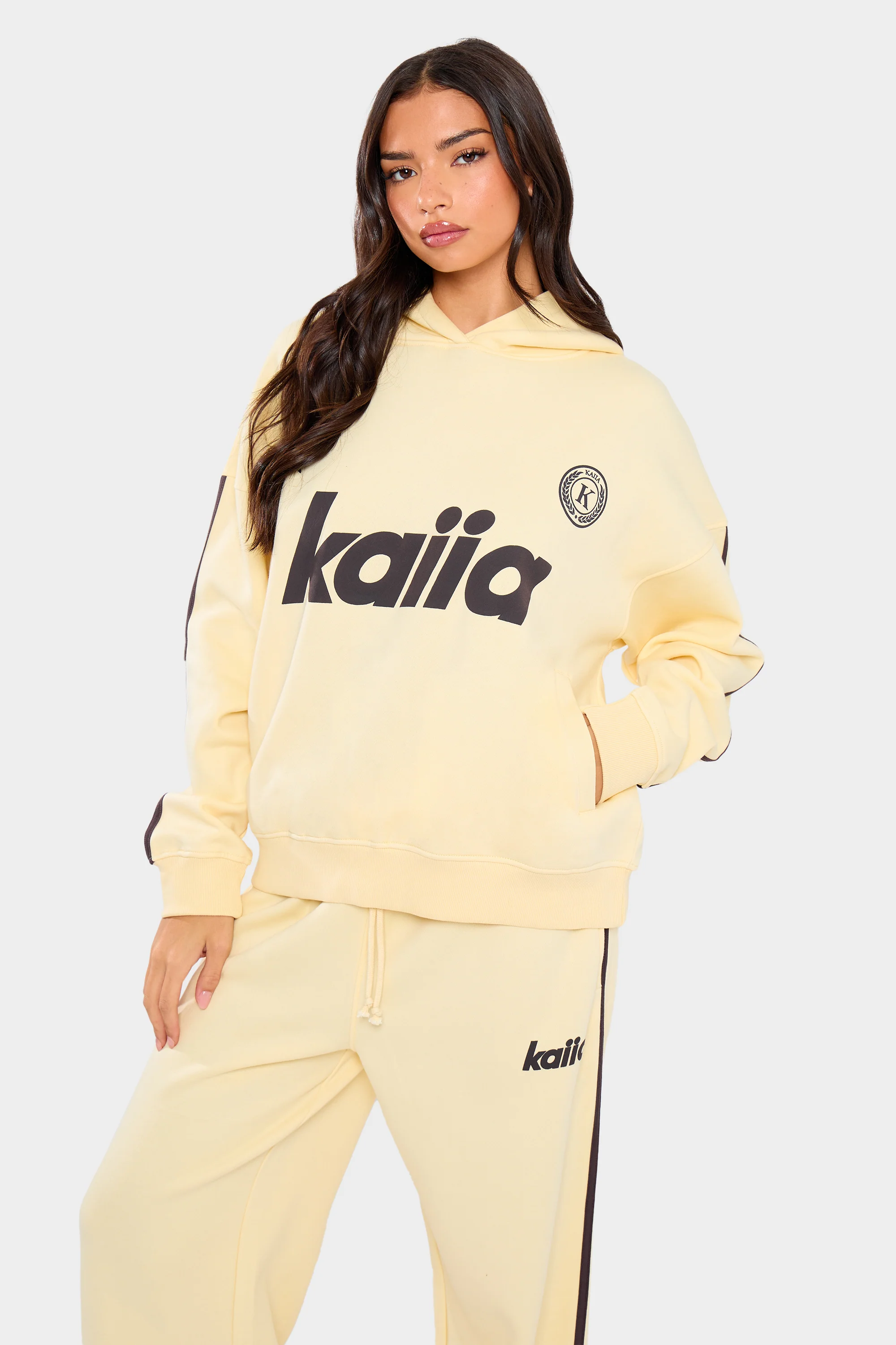 Kaiia Varsity Oversized Hoodie Lemon & Brown - Image 2