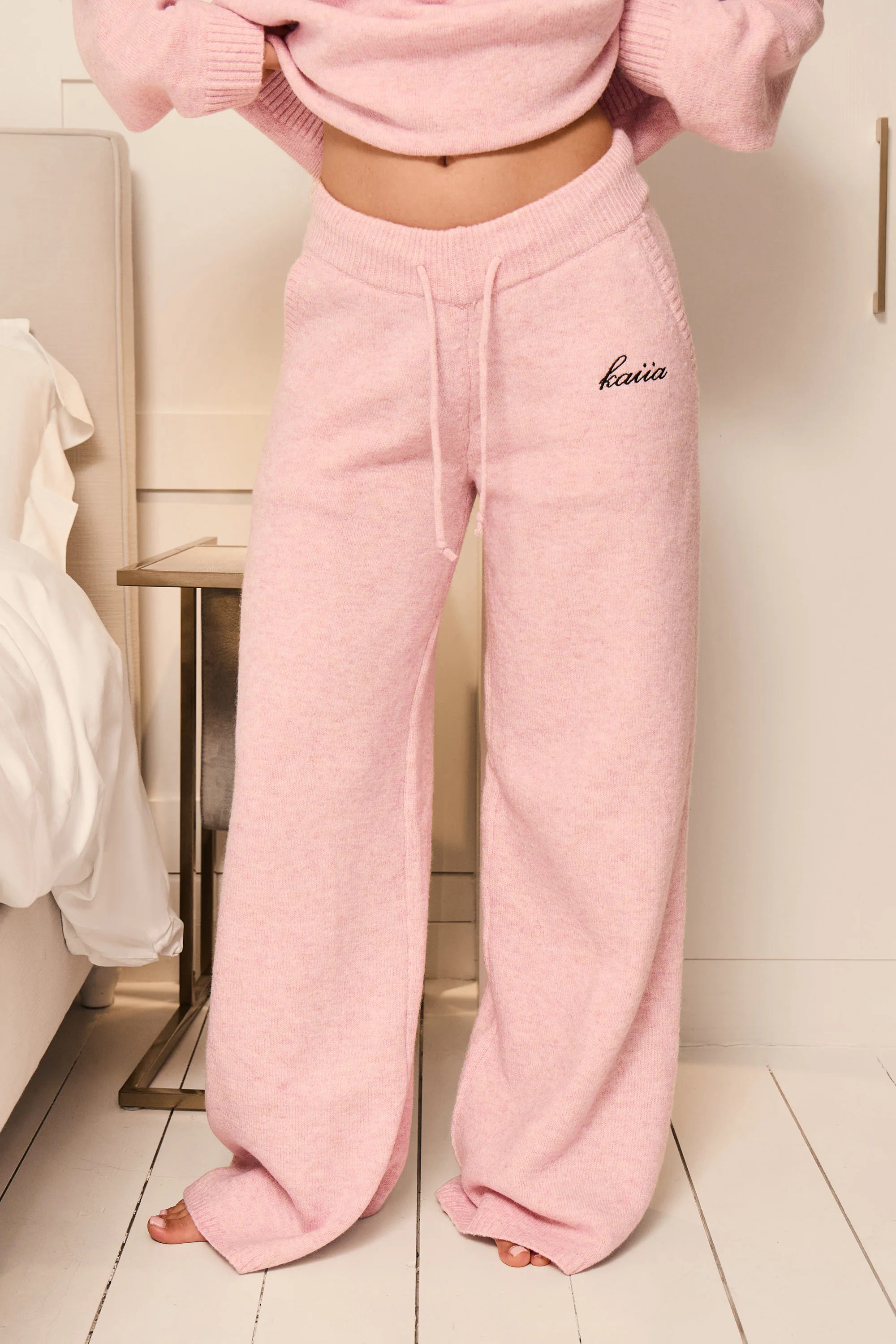 Kaiia Knit Drawstring Wide Leg Trousers Baby Pink - Image 2