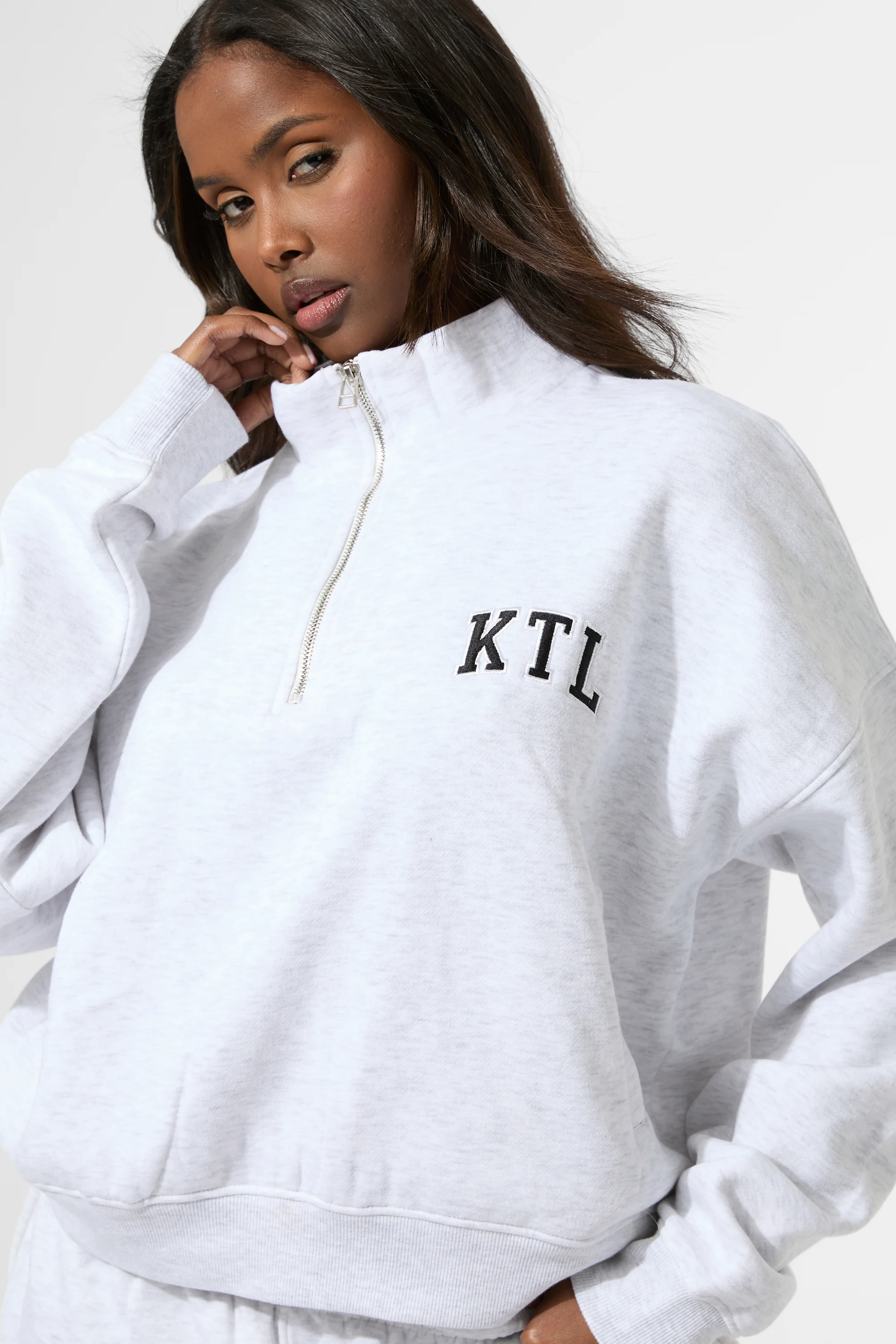 Kaiia KTL Logo Oversized Quarter Zip Sweatshirt Light Grey Marl - Image 2